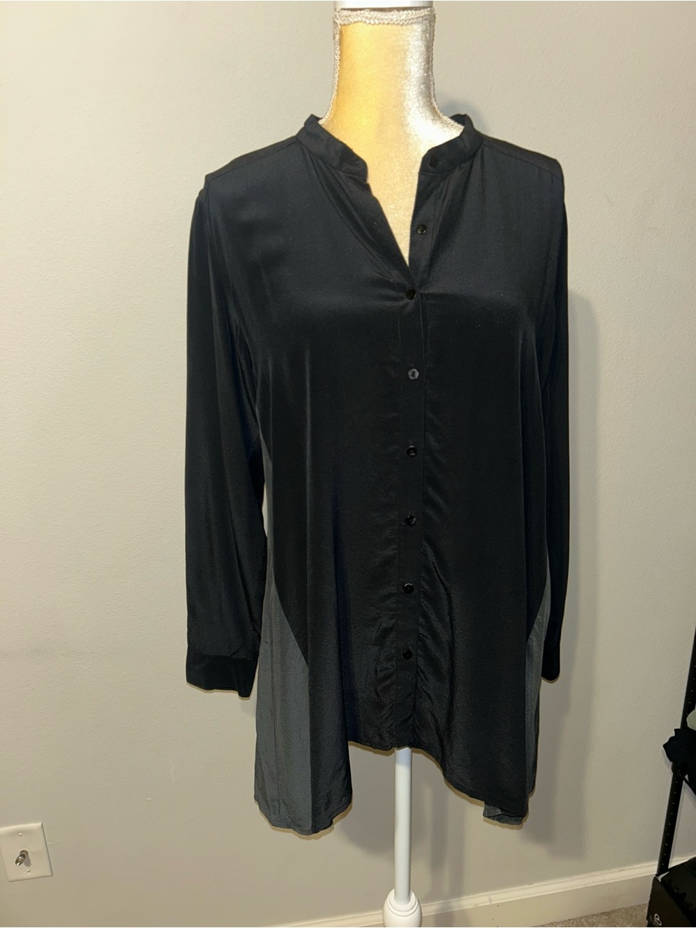 NEW Eileen Fisher Women's Black/Gray Colorblock Button-Front Tunic Top Sz XS